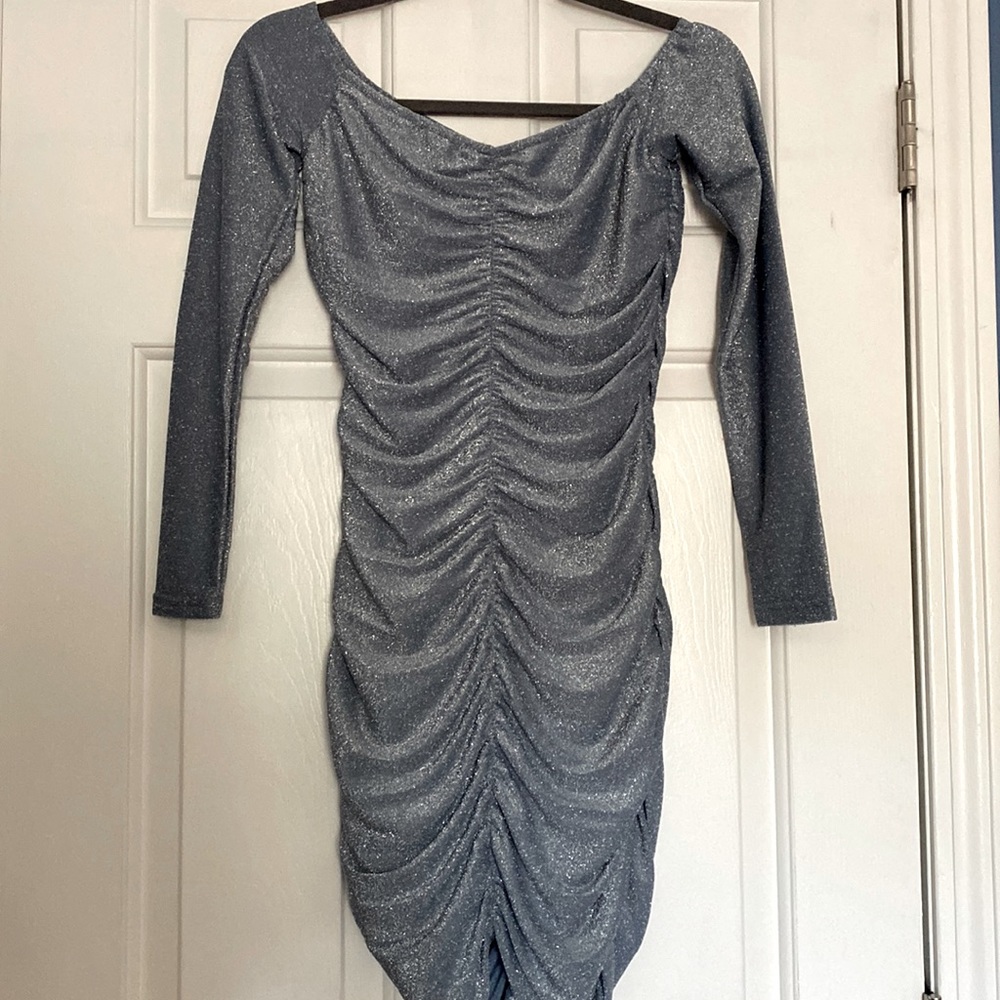 By The Way blue and silver glitter off the shoulder ruched dress from Revolve